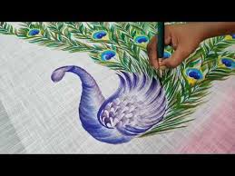 Freehand Fabric Painting Peacock Designs On Sarees Fabric Peacock Painting On Cloth By Balashanka Peacock Painting Fabric Painting Fabric Painting Techniques