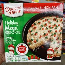 I found it on the duncan hines dark chocolate fudge cake mix about 6 years ago. Duncan Hines Has A New Giant Holiday Cookie That Comes With Its Own Baking Pan