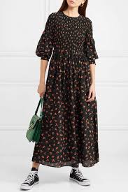 Ganni Beacon Shirred Floral Print Cotton And Silk Blend Maxi Dress Black Elbise
