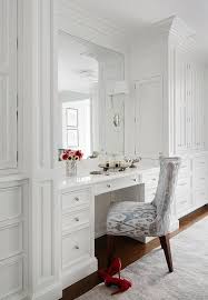 Gorgeous Dressing Room Features A White Built In Make Up Vanity Topped With Whit Chryssa Home Decor In 2020 Built In Vanity Build A Closet Closet Bedroom