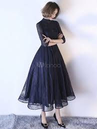 Dark Navy Cocktail Dress High Collar Sash Lace Illusion Sleeve Applique Beaded A Line Tulle Formal Party Dresses Wedding Guest Dress Navy Cocktail Dress Fashion Dress Party Fashion Dresses