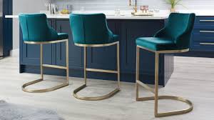 Elegance Curve Velvet Bar Stool Brushed Brass 65 Cm Pink Teal Grey Pebble Leaf Ltd Brass Bar Stools Modern Kitchen Stools Steel Bar Stools