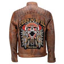 Mens Cafe Racer Brown Fear No Evil Motorcycle Biker Leather Jacket Leather Jacket Men Man Cafe Long Sleeve Tshirt Men