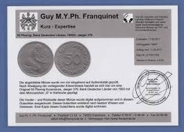 La bank deutscher länder (bdl) fut la banque centrale des secteurs d'occupation occidentaux et de la république fédérale d'allemagne de 1948 à 1957. 50 Pfennig Munze Bank Deutscher Lander 1950 G Top Stuck Expertise Franquinet Tilman Dohren Briefmarken Munzen