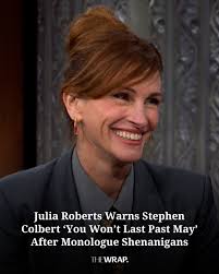 Roberts asked, “Is this a set up? Is this a lie? I'm so nervous right now”  before going for the jugular with a joke about Colbert's cancellation. Read  more: https://bit.ly/46yPlox