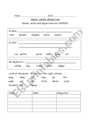 Check spelling or type a new query. Noun Verb Adjective Esl Worksheet By Chrisel