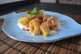 Pasta corta bio artigianale, formato occhi di lupo lisci prodotta dal pastificio l'anima di grano biologico con trafilatura al bronzo per rendere la superficie della pasta porosa, in modo da catturare ogni tipo di intingolo, nonché permettere alla pasta di conservare tutte le sostanze nutritive principali. Occhi Di Lupo Con Totanetti Su Crema Di Bufala E Olio Profumato Al Basilico
