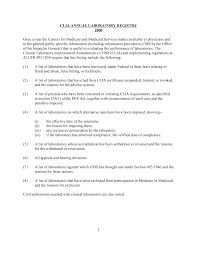 CLIA ANNUAL LABORATORY REGISTRY 2000 Once a year the Centers for Medicare  and Medicaid Services makes available to physicians an