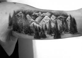 Black And White Woods Tattoo 70 Pine Tree Tattoo Ideas For Men Wood In The Wilderness Tree Tattoo Bicep Landscape Tattoo Tree Tattoo Men