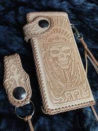 Indian Skull Biker Long Wallet Brown Genuine Leather Handmade Motorcycle L03 Leather Handmade Leather Wallet Mens Leather Gifts