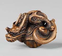 An Unusual Wood Netsuke Of A Dragon In A Hora First Half 19th Century Netsuke Dragon Japanese Art