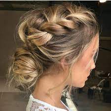 Side Crown Braid In A Messy Bun Hairstyle Updo Hairstyles To Try This Summer 14 Different Hair Buns Bunhairs Hair Inspiration Hair Styles Long Hair Styles