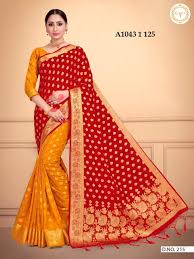 Amazing fancy, wedding, party and traditional sarees delivered at your doorsteps within 2 to 3 days. Wonderful Orange Red Combination Banarasi Silk Floral Ethnic Pattern Saree