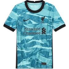 The shorts are plain teal, with a black stripe down the side. Nike Liverpool Away Shirt 2020 2021 Junior Sportsdirect Com