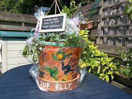 cadeau voor de juf van groep 3 namens de klas zelf hun handje laten verven en op de pot gedrukt met houten lettertjes de na leuke ideeen cadeautjes bedankt