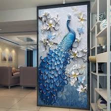 Custom Size Peacock And Flower Entrance Mural Hall Wall Decor Peacock Wall Art Mural Wallpaper