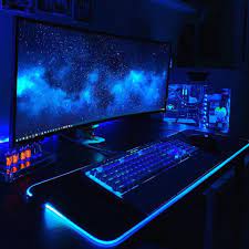 Dark Blue Gaming Setup | Computer gaming room, Gaming room setup, Video  game rooms