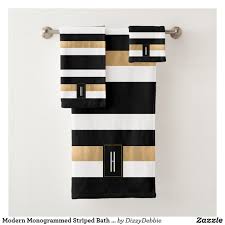 Matte Black And Gold Bathroom Accessories Modern Monogrammed Striped Bath Towel Set Zazzle Com In 2020 Gold Bathroom Decor Black And Gold Bathroom Bath Towel Sets