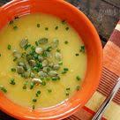 Roasted Acorn Squash And Leek Soup With Pepitas Recipe Vegetarian Soup Recipes Leek Soup Acorn Squash Soup