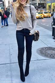 Black Boots With Jeans Women 20 Over The Knee Boot Outfits To Copy For Fall Womens Black Jeans Outfit Black Jeans Women High Knee Boots Outfit