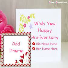 Card is component of thick, rigid paper or slim pasteboard, particularly one employed for composing or printing on; Online Best Name With Photo Frame Anniversary Wishes Card Pictures