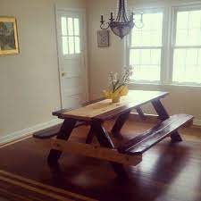 The load is provided by its sturdy metal. Idea Saw Off Just Below Table Top And Rebrace For A Low Level Table Saw Off Benches For Low Le Dining Room Table Dining Room Design Farmhouse Picnic Table