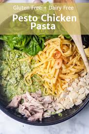 Pesto Chicken Pasta W Sliced Almonds Garlic Chips Gf Df Recipe Pesto Chicken Pasta Creamy Pesto Chicken Pasta Pesto Chicken