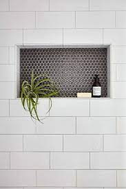 Shower Niche With Large Subway Tile And Penny Tile Masterbathwithlargeshower Shower Niche Tile Shower Niche Bathroom Inspiration