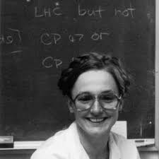 Edith Camm in 1980, in front of blackboard notes