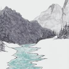 Simple Ink And Marker Drawing Of Stream Trees Mountains Clock By Brooke Simpson In 2020 Drawing Scenery Landscape Drawings Simple Nature Drawing