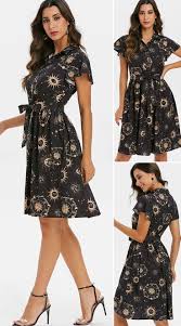 Sun Moon And Star Print Belted Button Dress Cheap Dresses Casual Casual Dress Outfits Dresses