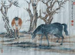 仿元代趙孟頫古木散馬圖48x62cm 80年代水墨設色 蔴紙 art moose art animals