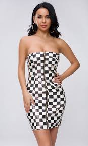 Black And White Checkered Bodycon Dress Race To The Finish Black White Checkered Plaid Pattern Strapless Zip Front Bodycon Mini Dress Sold Out Plaid Pattern Black Strappy Heels Plaid