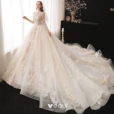 Schönste brautkleid für den schönesten tag. Vintage Ivory Creme Hochzeits Brautkleider Hochzeitskleider 2020 Ballkleid Durchsichtige Stehkragen Lange Armel Ruckenfreies Applikationen Spitze Perlenstickerei
