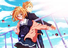 anime picture 1332x951 with kyoukai no kanata kuriyama mirai kanbara akihito imarx67 girl short hair blonde hair anime anime love anime life