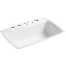 There are 5 oversize faucet holes and a drain in each bowl. Kohler Cape Dory 22 In X 33 In White Single Basin Cast Iron Undermount 5 Hole Residential Kitchen Sink In The Kitchen Sinks Department At Lowes Com