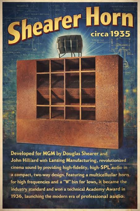 Shearer Horn circa 1935 Developed for MGM by Douglas Shearer and John Hilliard with Lansing Manufacturing, revolutionized cinema sound by providing high-fidelity, high-SPL audio in a compact, two-wa