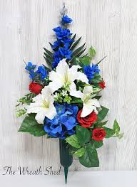 Cemetery Headstone Flowers Patriotic Flower Arrangement Military Grave Flowers Gravestone Ground Vase Memorial Day Flowers 4th Of July Flower Arrangements Memorial Flowers Cemetery Flowers