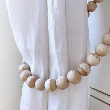 2 hygge curtain ties with farmhouse beads whitewashed wooden etsy in 2021 wooden bead garland wood bead garland curtain ties