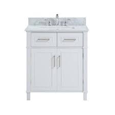 H bathroom vanity in espresso with single basin top in white ceramic and mirror. 30 Inch Freestanding White Bathroom Vanity With Carrara Marble Top Overstock 31932103