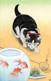 Japanese Art Print Goldfish Bowl And A Cat By Etsy In 2021 Japanese Cat Japanese Woodblock Printing Japanese Art