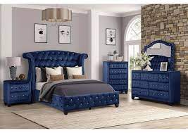 The bright hue sets a calming tone and provides a versatile base for layering in accent colors or complementary neutral shades. Sophia Navy Blue Bedroom Set By Galaxy Furniture