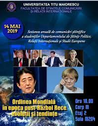 Sesiunea de comunicări științifice studențești se desfășoară anual în cursul lunii mai si este o manifestare stiintifica dedicată studenților. Sesiunea AnualÄ De ComunicÄri ÈtiinÈifice A Departamentului De ÈtiinÈe Politice RelaÈii InternaÈionale Èi Studii Europene Cu Tema Ordinea MondialÄ In Epoca Post RÄzboi Rece EvoluÈii Èi TendinÈe Universitatea Titu Maiorescu
