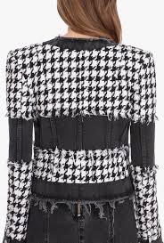 Black And White Houndstooth Blazer Womens Black And White Houndstooth Tweed And Denim Suit Jacket For Women Balmain Com In 2020 Denim Suit Suit Jackets For Women White Houndstooth