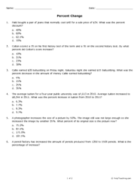 A simple increase and decrease of amounts using percentages followed by a higher level mixed worksheet (high literacy skills needed). Percent Change Grade 7 Free Printable Tests And Worksheets Helpteaching Com