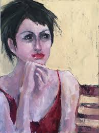 Portrait of Young Woman Red Dress in Thoughtful Pose, Original Oil Painting 