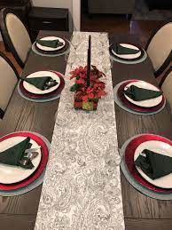 Dining Room Table Set Up For The Holidays Green Napkins Silverware Red And White Plates An Simple Christmas Decor Dinner Table Setting Dining Room Table Set