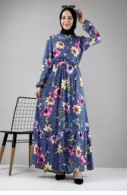 Patterned Hijab Dress Petrol Blue 0247SGS.PMV | Sefamerve