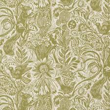 Willow bough pair lined pencil pleat curtains, green. Squirrel And Sunflower Fabric Designed By Artist Mark Hearld Olive Green