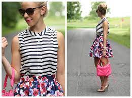 A striped tee pairs well with floral shorts and makes pattern mixing easy. Navy Striped Top High Waist Floral Print Full Skirt Pattern Mixing Stripes And Floral Print Mixing Hot Pink Bag Kate Spade Rose Gold Licorice Pumps Prada Sunglasses Meagan S Moda
